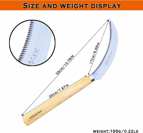 SHANFEEK Grass Sickle with Sawtooth Japanese Weeding Hoe Weeding Tools for Garden High Toughness Stainless Steel with Hard Solid Wood Handle(Yello...
