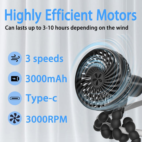 Portable Baby Stroller Fan, with Flex Tripod, 20 Hours Working Time, 3 Speeds, Handheld Personal Fan For Car Seat, Treadmill, Outdoor (Black)...