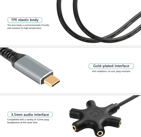 GINTOOYUN USB A/C Male to 5-Port 3.5mm Female Headphone Audio Splitter 5 Jack 3.5mm Stereo Music Sharer 1 Male and 5 Female Splitter Phone Compute...