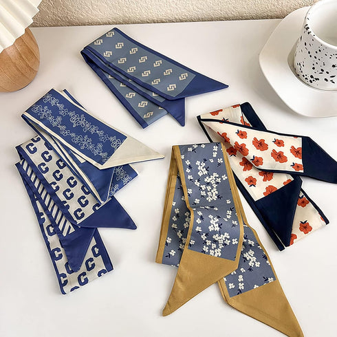 Retro small silk scarf girl heart spring and summer narrow ribbon headband headband bag decoration long scarf headdress (blue hair band 5pcs)...
