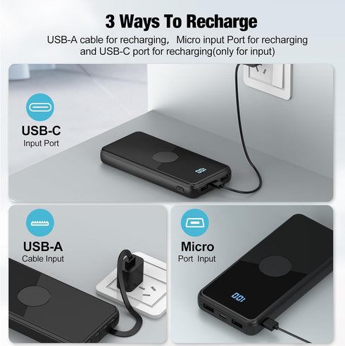 Portable Charger with Built in Cables,High Speed Power Bank 10000mAh Travel Battery Pack 5 Outputs 3 Inputs Portable Phone Charger Backup Battery ...