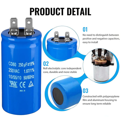 250uF/MFD CD60 Motor Start Capacitor 250VAC 50/60Hz for Electric Motor Starting 2 Pack...