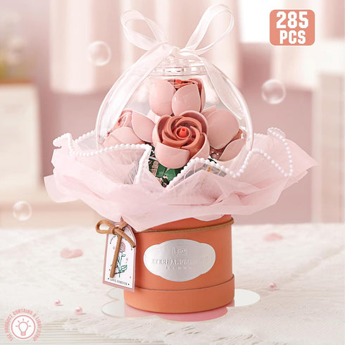 Flower Building Blocks Set with Dust-Proof Dome,Simulation Bouquet for Valentine's Day,Bonsai Building Bricks Toys,Home Decor (Pink)...