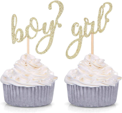 24 CT Gold Glitter Boy or Girl Cupcake Toppers Gender Reveal Party Decors...
