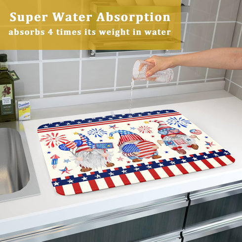 4th of July Drying Mat for Kitchen Counter 18 x 24 in - US Independence Day Patriotic Gnomes Microfiber Large Dish Drainer Mats Protector Pad for ...