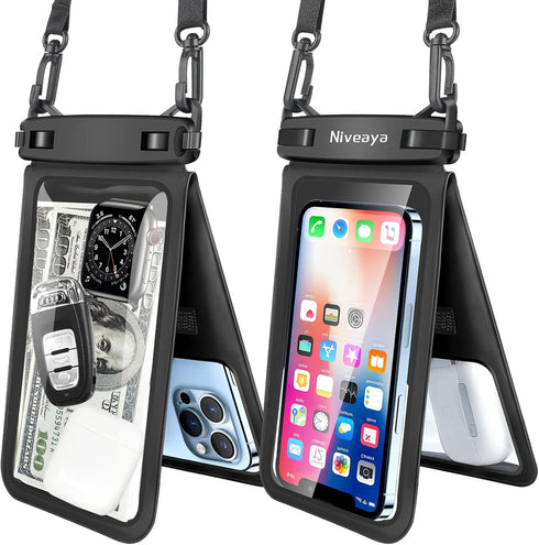 Niveaya Double Space Waterproof Phone Pouch - 2 Pack, Waterproof Phone Lanyard Case with iPhone 15/14/13/12 Pro Max/Pro/8 Plus, Galaxy S22/S21/S20...