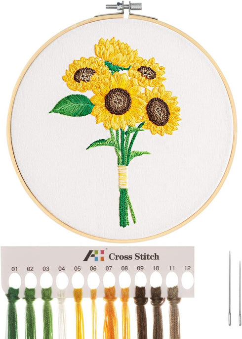 MWOOT 3D Cross Stitch Stamped Embroidery Starter Kit, Easy Embroidery with Sunflower Bouquet Pattern, Handmade Sewing Craft Kit for Adults Beginne...