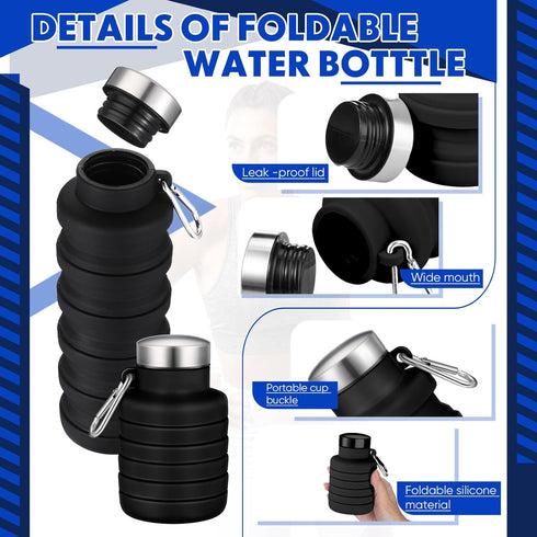 2 Pcs 17oz Collapsible Water Bottles for Travel 500ml Reusable Foldable Silicone Water Bottle with Portable Buckle Silicone for Camping Hiking Spo...