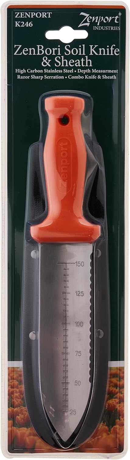 Zenport K246 Deluxe ZenBori Soil Knife with Sheath, 6-Inch Stainless Steel Serrated Blade and Depth Measurement Markings, Orange Handle...