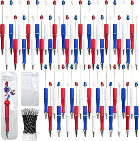 150 Pieces Independence Day Beadable Pens Kit - 4th of july Patriotic 50 Beaded Pens Bulk, Refills & Pen Bags Included - Bead Pens Black Ink Ballp...