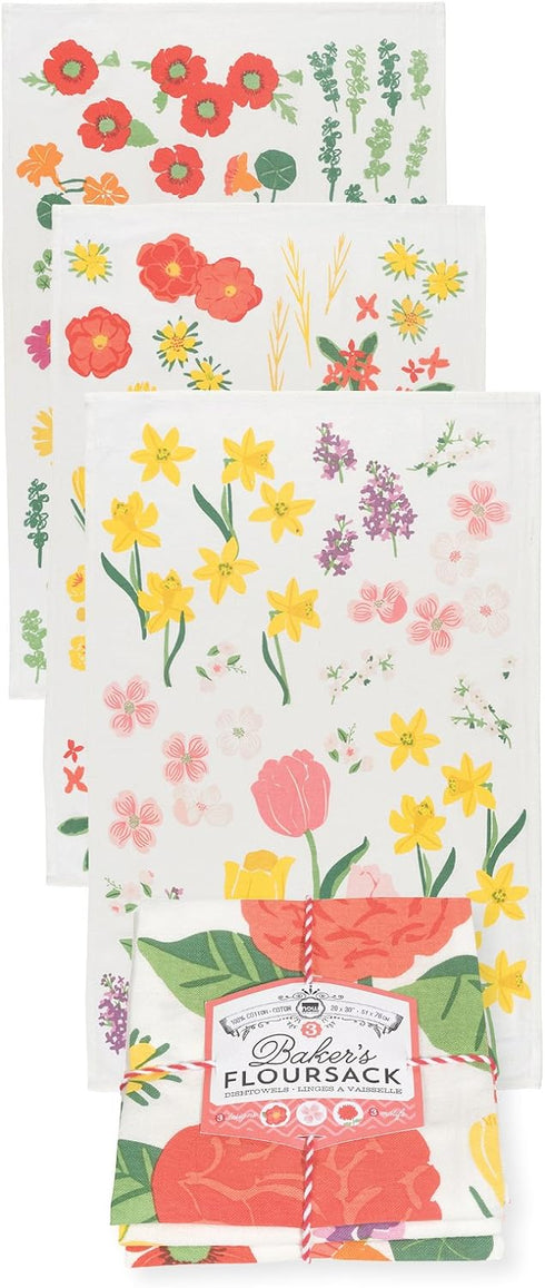 Now Designs Floursack Kitchen Towels Quick Dry Cotton Hand Towel Set, 3 Count, Flowers of The Month, 20 x 30 in...