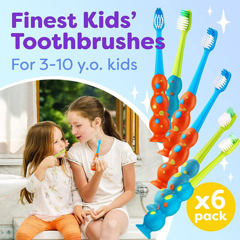 Kids Toothbrush 6 Pack - Soft Contoured Bristles - Child Sized Brush Heads (3-10 Year Old) - Suction Cup for Fun & Easy Storage - Girl & Boy Set (...