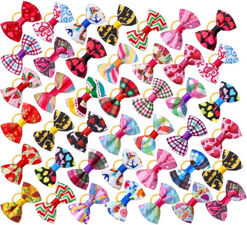 100pcs Pet Dog Bows, Bulk Dog Hair Accessories Bows with Rubber Bands 1.37x0.98 inch, Handmade Yorkie Dog Hair Grooming Small Size Bows, Mix Puppy...