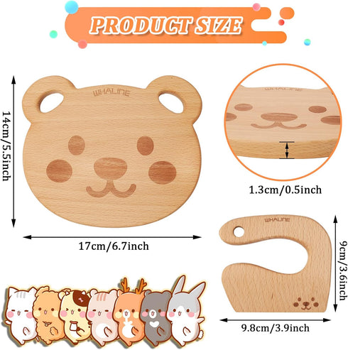 Whaline Wooden Kids Knife Set Cute Bear Wooden Cutting Board and Safe Wooden Kids Knife Natural Thick Montessori Knife for Kids Toddlers Kitchen T...