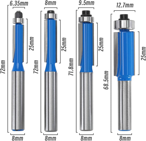 The Lord of the Tools 4PCS Flush Trim Router Bit Set with 8mm Shank 1/4 Inch 5/16 Inch 3/8 Inch 1/2 Inch Milling Cutter Tool for Woodworking Edge ...
