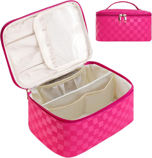 Large Travel Makeup Bag Makeup Case Organizer,Waterproof Leather Checkered Cosmetic Bag Toiletry Bag for Girls Traveling with Removable Divider,Gi...