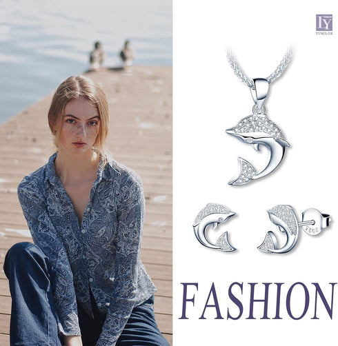 Yumilok Zircon Dolphin Necklace And Earring Sets for Women Jewelry Sets Sterling Silver Ocean Animal Stud Earrings Pendant Necklace Teen Friend Mo...