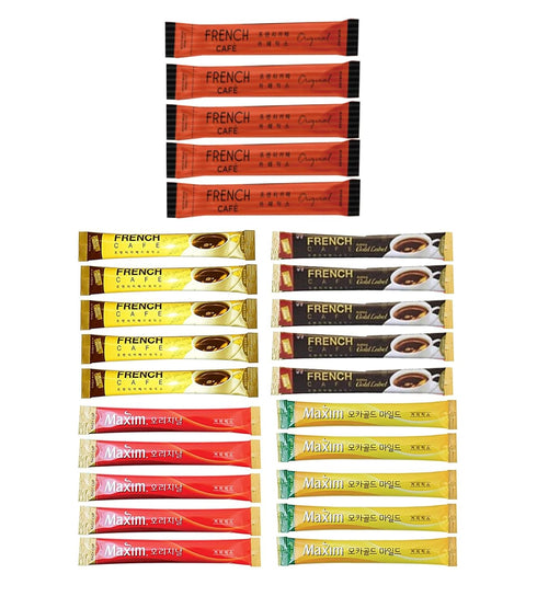 25 Instant Coffee Sampler, Korean Instant Coffee Mix Assortment Package, 25 Sticks, Maxim, French Café,...
