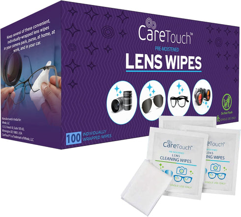 Care Touch Lens Wipes for Eyeglasses- 100 Count Individually Wrapped Pre- Moistened Wipes, 5 x 6 Inch- Camera Lens, Sunglasses and Glasses Cleaner...