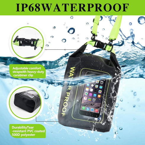 IP68 Waterproof Dry Bag, 2L - Roll Top Waterproof Pool Bag?Dry Bags for Kayaking Waterproof-w/Phone Pouch,Large Waterproof Phone Pouch,Boating & K...