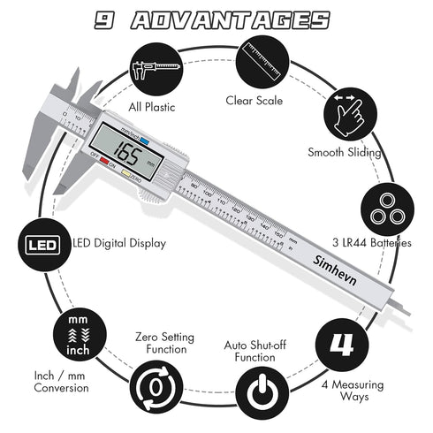 Electronic Digital Caliper, LCD | 0 to 6 inch inch/mm Conversion, Automatic Shutdown Function, Very Suitable for Home/Jewelry/DIY Measurement, etc...