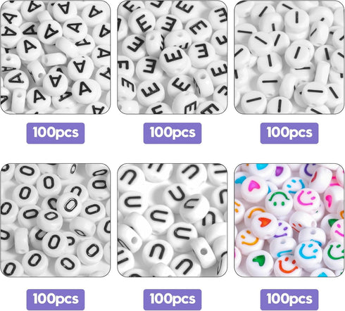 Xilitata 600Pcs Flat Round Vowel Letter Beads 7x4mm with A E I O U Black Letters White alphabet Beads for Friendship Bracelet Jewelry Making Kit w...