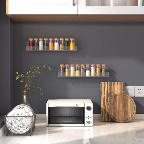 VAEHOLD Adhesive Acrylic Spice Rack with Nano Double Sided Tape Wall Mount Organizer Clear Wall Spice Rack With Shelf Ends for Kitchen Cabinet Doo...