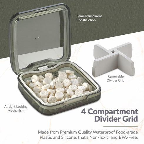 Compact Pill Box Organizer - Portable Waterproof Medicine Organizer and Daily Pill Container with Removable 4 Compartment Divider - Durable ABS Si...