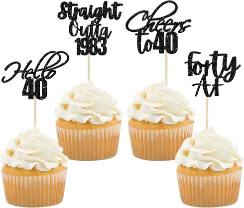 Gyufise 48 Pack Black Glitter Hello 40 Cupcake Toppers Glitter Forty Cheers to 40 Straight Outta 1983 Cupcake Picks for 40th Birthday Anniversary ...