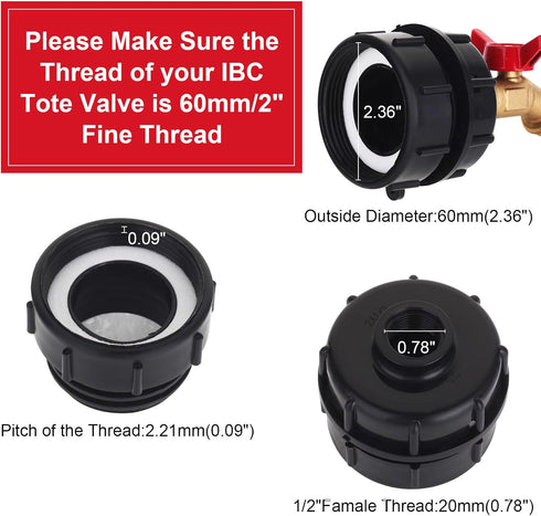 275-330 Gallon IBC Tote Tank Adapter 2.36" Fine Thread, 60mm IBC Tote Fittings with Ball Valve(Lead-Free),1/2" Male NPT Inlet ×3/4" Male GHT Threa...