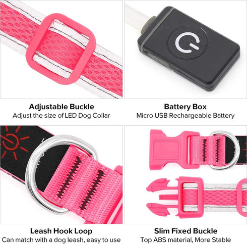 LED Dog Collar, USB Rechargeable Light Up Dog Collar Lights, Adjustable Comfortable Soft Mesh Safety Dog Collar for Small, Medium, Large Dogs(Smal...