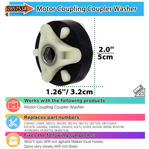 Ansoon 285753A Motor Coupling Coupler Washer kit Machine Replacement Part Compatible for Washers Replaces PS1485646, 1195967, 285753AVP, 21003, 280152, 285140, 285743