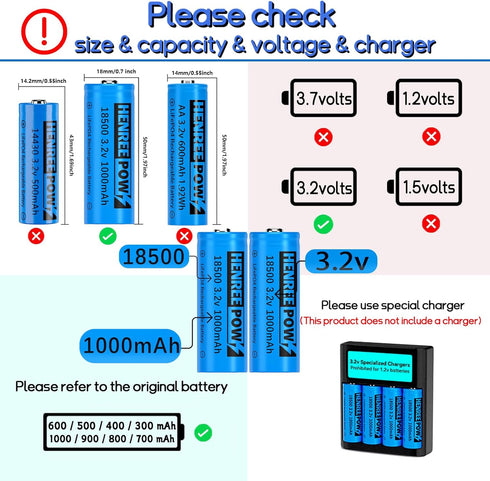 Henreepow 18500 3.2v Rechargeable Battery, 3.2v LiFePO4 Lithium Phosphate Battery 1000mAh for Outdoor Garden Solar Lights, Flashlight (2 Pack)...
