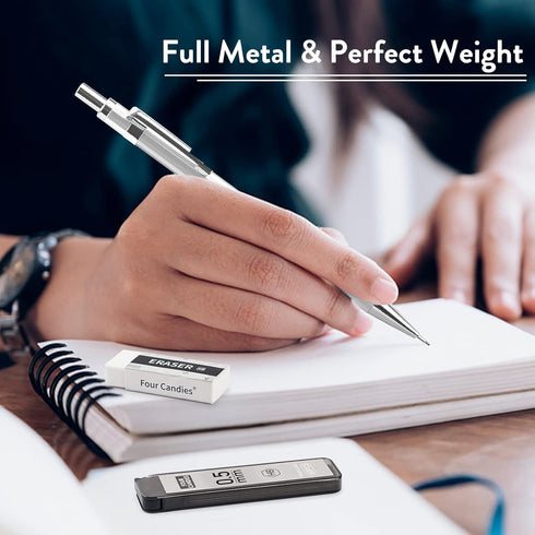 Four Candies 0.5mm Mechanical Pencil Set with Case - 4PCS Metal Mechanical Pencils, 8 Tubes HB #2 Lead Refills, 3PCS 4B Erasers and 9PCS Eraser Re...