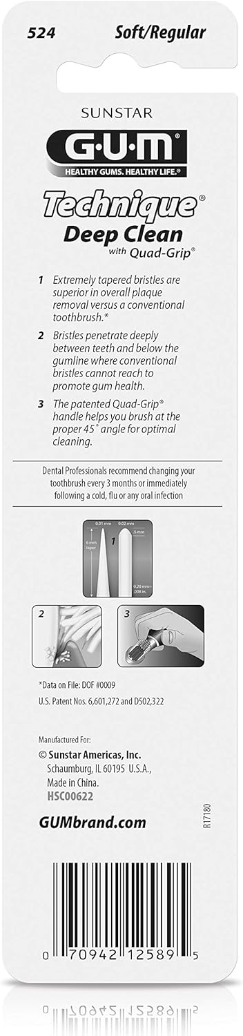 GUM Technique Deep Clean Toothbrush - Full Head - Soft Toothbrushes for Adults with Sensitive Gums - Extra Fine Bristles, 2ct...