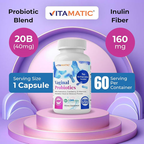 Vitamatic Vaginal Probiotics 20 Billions for Women pH Balance & Odor Control with Prebiotics & Probiotics 60 DR Capsules - Made with Cranberry, D-...