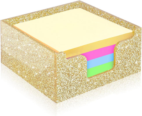 Acrylic Sticky Note Holder, Self Stick Note Pad Holder, 3.94 x 3.94 Inch Glitter Sticky Note Dispenser, Memo Pad Holder Dispenser Organizer for Sc...