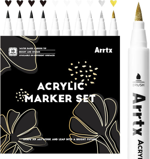 Arrtx Acrylic Paint Pens, 10 Pack Extra Brush Tip White Paint Markers Metallic for Rock Fabric Wood Glass Canvas Ceramic, 4 White 4 Black 1 Gold &...