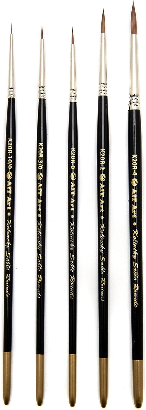 AIT Art Premium Detail Brush Set, 5 Pure Kolinsky Russian Red Sable Paint Brushes, Handmade in USA for Ultimate Details with Oil, Acrylic, and Wat...