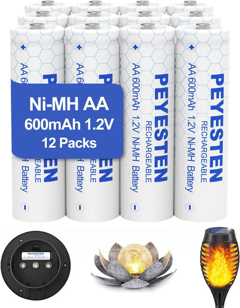 1.2V 600mAh NiMh Rechargeable AA Batteries Solar aa Battery for Solar Lights,Outdoor Lights,String Lights 12 Packs...