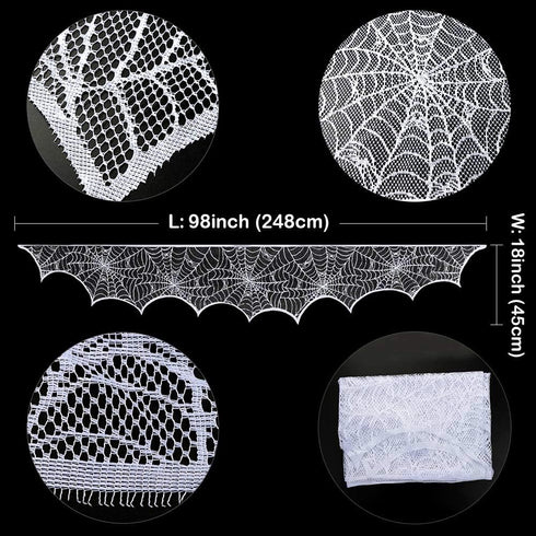 AerWo Halloween Decorations Indoor Fireplace Mantel Scarf, White Lace Spiderweb Fireplace Cover for Halloween Mantle Decor Festive Party Supplies,...
