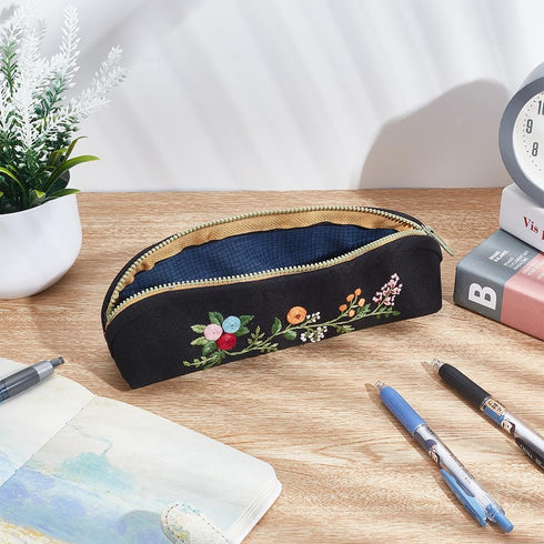 FREEBLOSS Embroidery Pencil Case Embroidery Kit Black Pencil Case Making Kit Flower Style Embroidery Starter Kit with Instruction Handmade Pencil ...