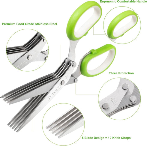 Herb Scissors, Multipurpose Sharp Kitchen Herb Cutter Shears with 5 Stainless Steel Blades, Safety Cover, Cleaning Comb, Cool Kitchen Gadgets for ...