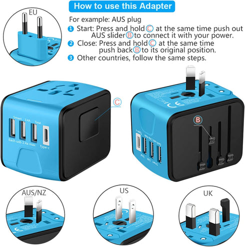 Travel Adapter Worldwide, Universal International Power Plug Adapter W/2.4A 3xUSB-A and 3.0A Type-C Wall Charger, European Travel Plug Adapter for...