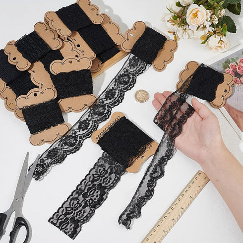 BENECREAT 37.5 Yards 15 Rolls Mixed Black Floral Pattern Fabric Lace Ribbon for Wedding Invitation, Cards, Decorating, Sewing, Hair Bow Making, Gi...