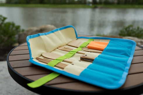 ust Camp Kitchen roll up with 7 Piece Bamboo Utensil Set in a Portable Organizer for Cooking, Camping, and Everyday use...