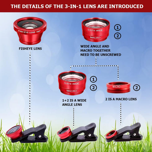 3 in 1 Phone Camera Lens Kit Camera Lens with Clip Fisheye Lens Wide Angle Lens and Macro Lens for Smartphones iPhone, Andorid (Red)...