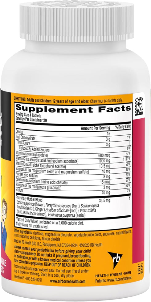 Airborne Vitamin C 1000mg (per Serving) - Very Berry Chewable Tablets (116 Count in a Bottle), Gluten-Free Immune Support Supplement, with Vitamin...