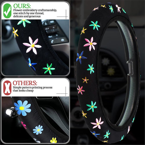 10 Pcs Embroidery Cute Flower Car Accessories Set Floral Steering Wheel Cover Car Air Vent Clips Center Console Armrest Cushion Car Cup Mats Seat ...