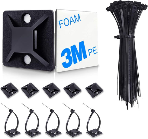 100 Sets Zip Tie Mount with Cable Ties,Self Adhesive-backed Mounts for Wire Holder, Cable Management Clips Wall Anchors (Black, 3/4 inch)...